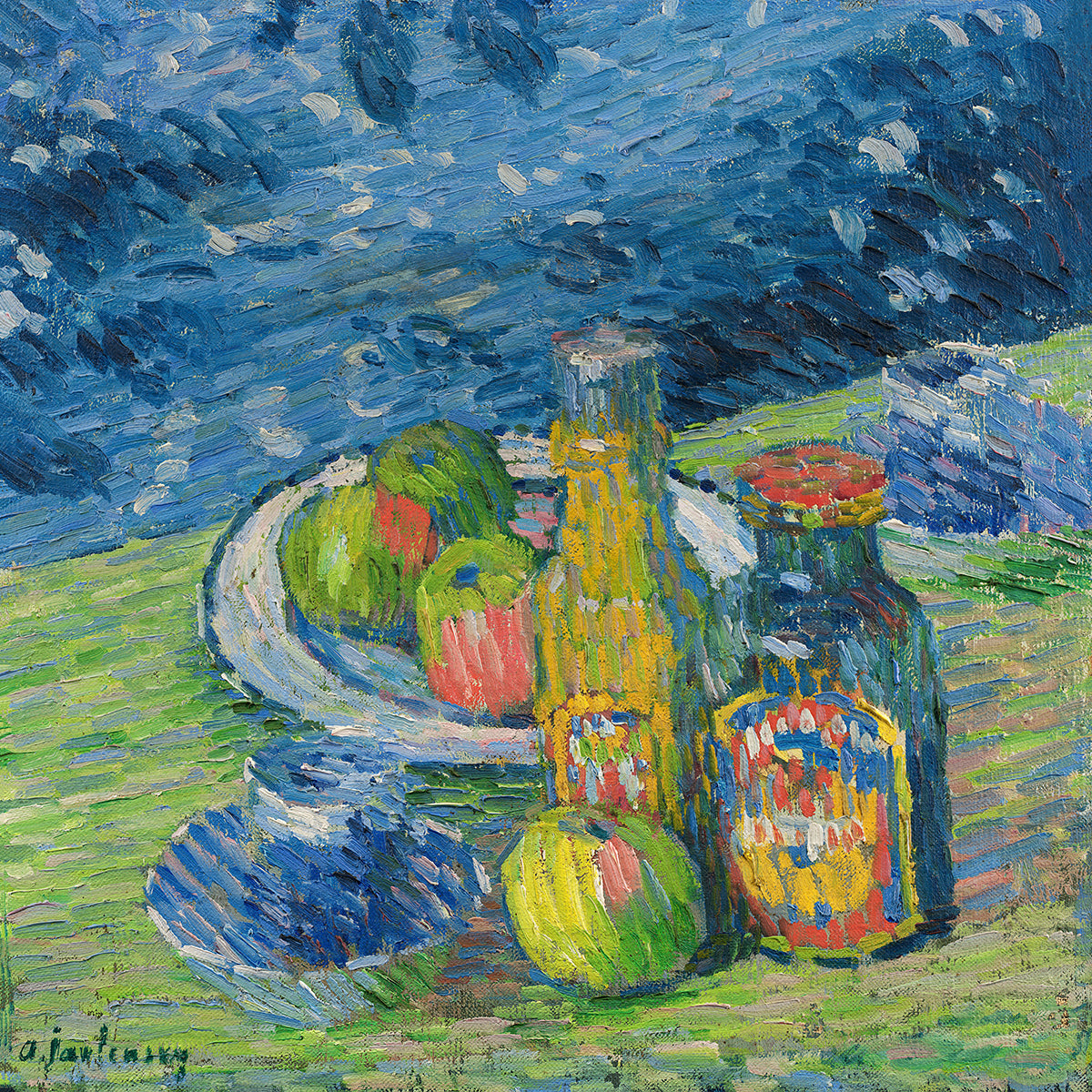 Stillleben mit Flaschen und Obst