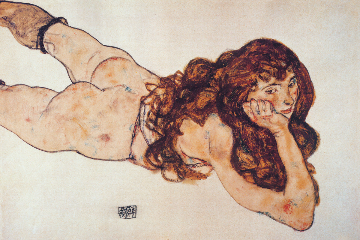 Egon Schiele - Auf dem Bauch liegender Akt