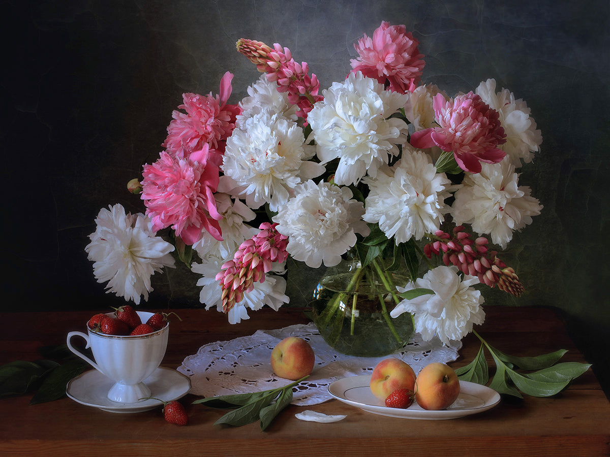 Still life with a bouquet of peonies