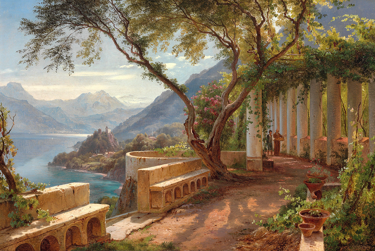Mönch und Novize an einer italienischen Loggia