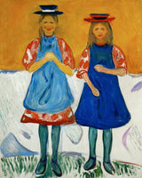 Zwei Mädchen in blauen Schürzen