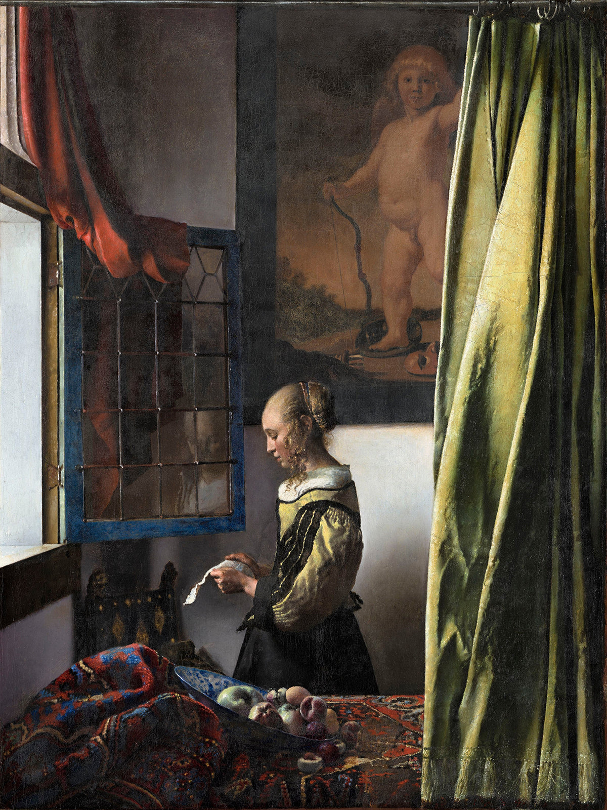 Briefleserin am offenen Fenster (mit freigelegtem Cupido)