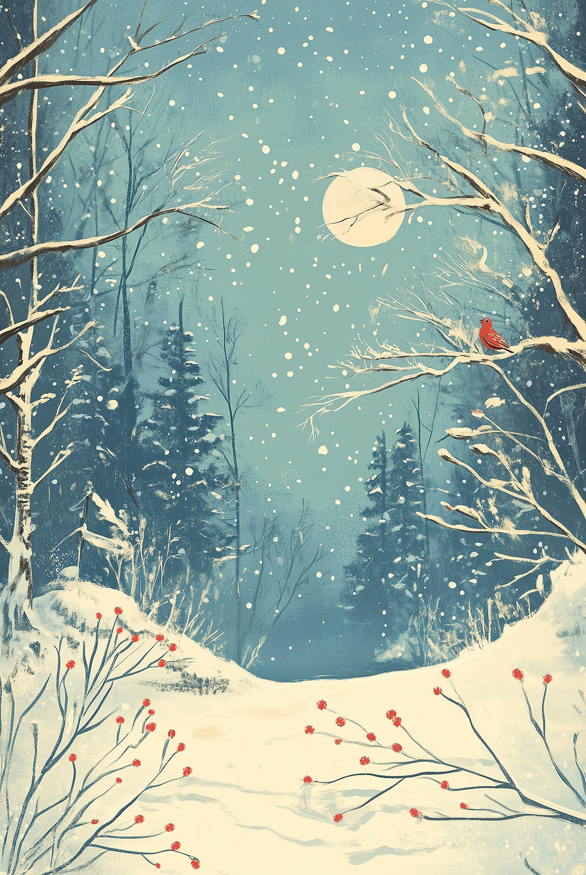 Red Bird in Snowy Forest