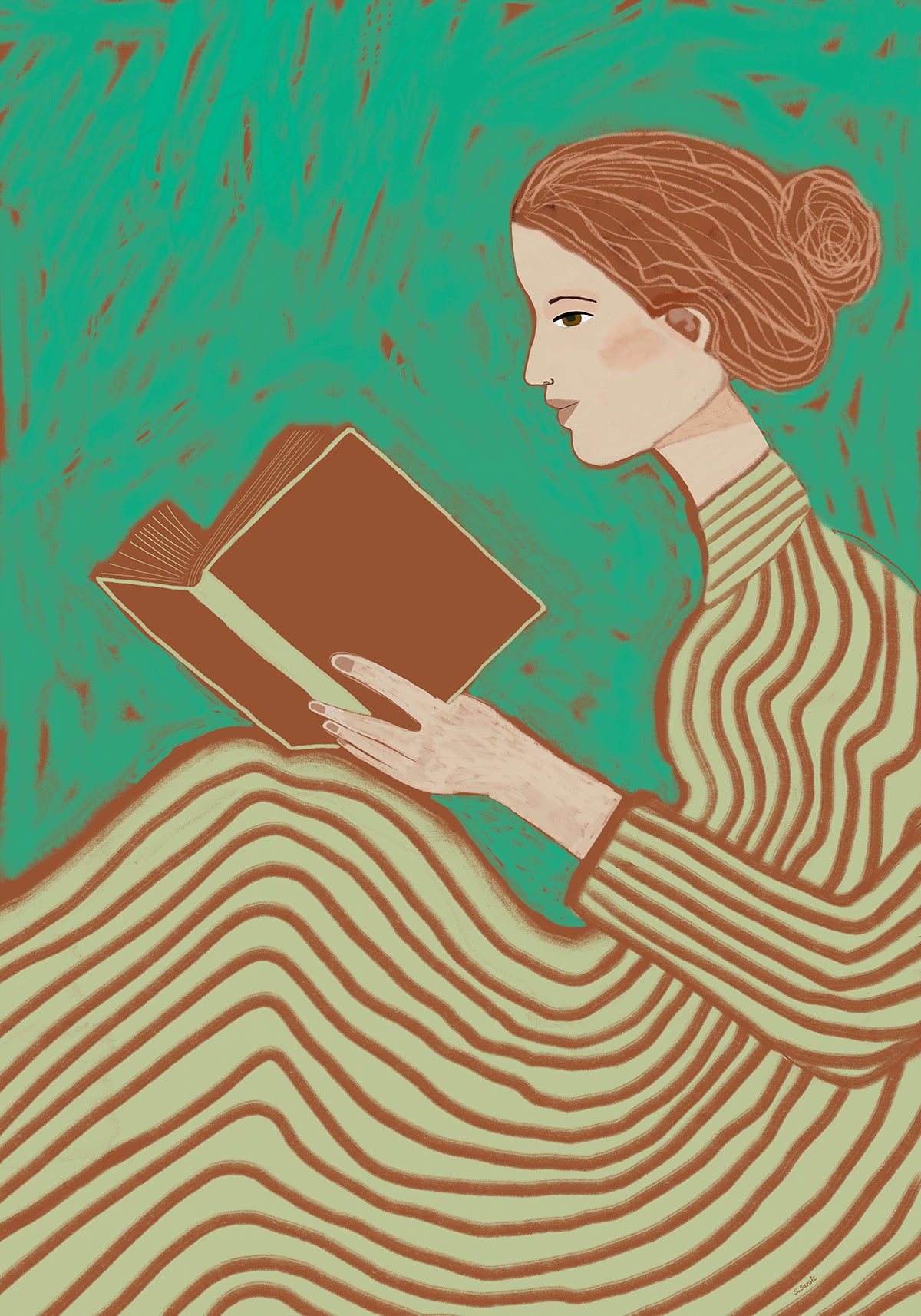 Lady reading striped dress