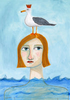 Nude Lady in Ocean with Seagull