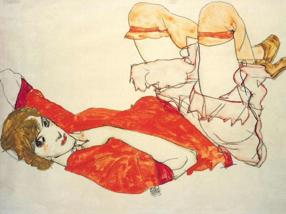 Egon Schiele - Wally in roter Bluse mit erhobenen Knien