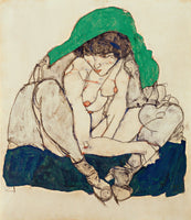 Egon Schiele - Kauernde mit grünem Kopftuch