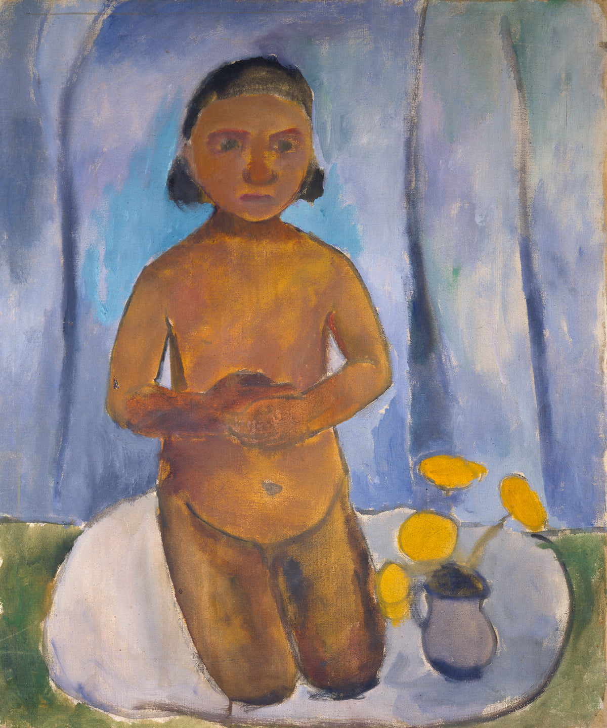 Paula Modersohn-Becker - Kniendes Kind vor blauem Vorhang