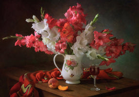 Still life with a bouquet of gladioli and a peach