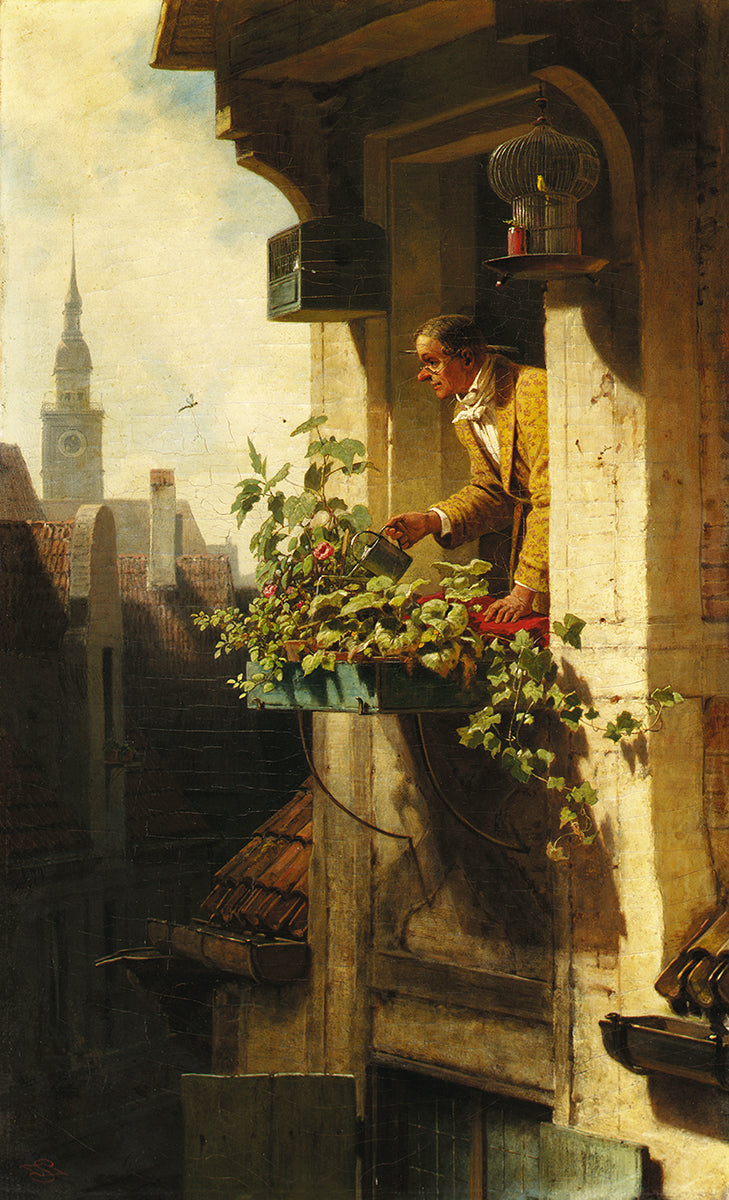 Mann beim Gießen des Blumenkastens (Die Dachstube I)